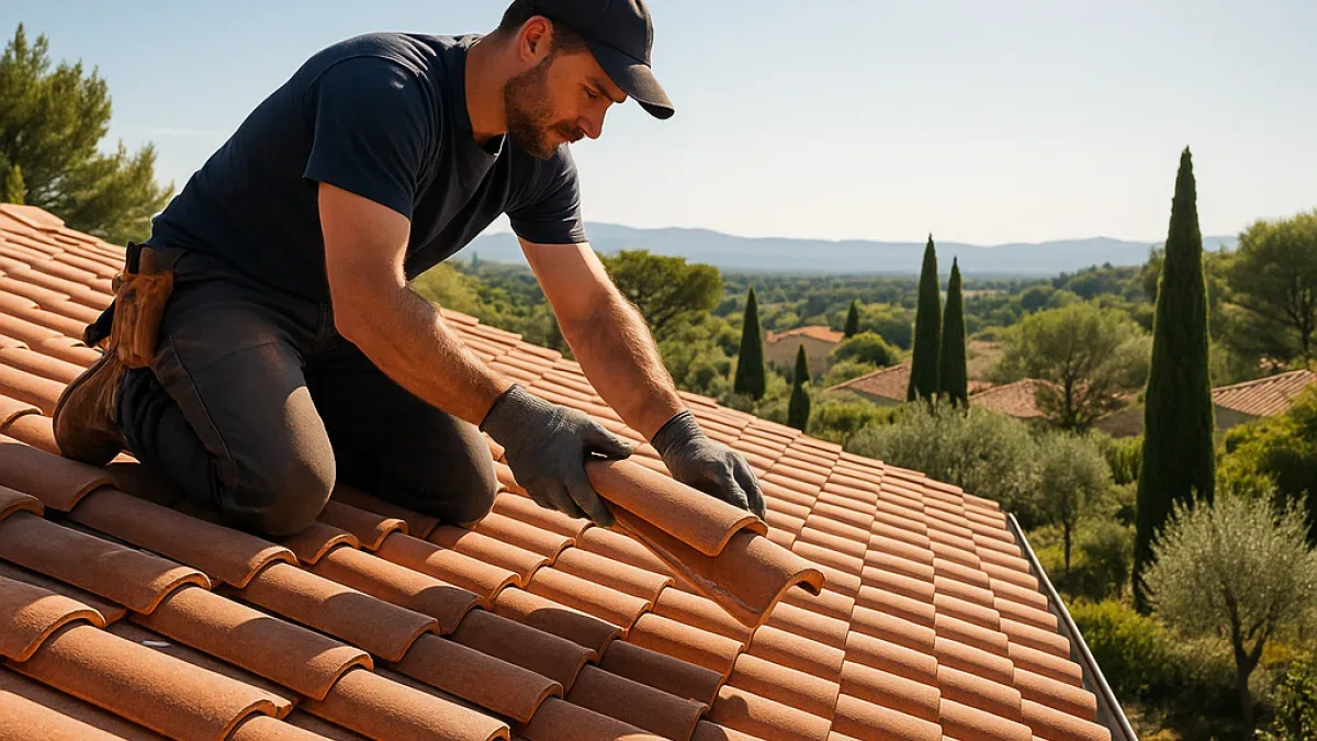 Couvreur nettoyant une toiture en tuiles anciennes à Montpellier, Hérault