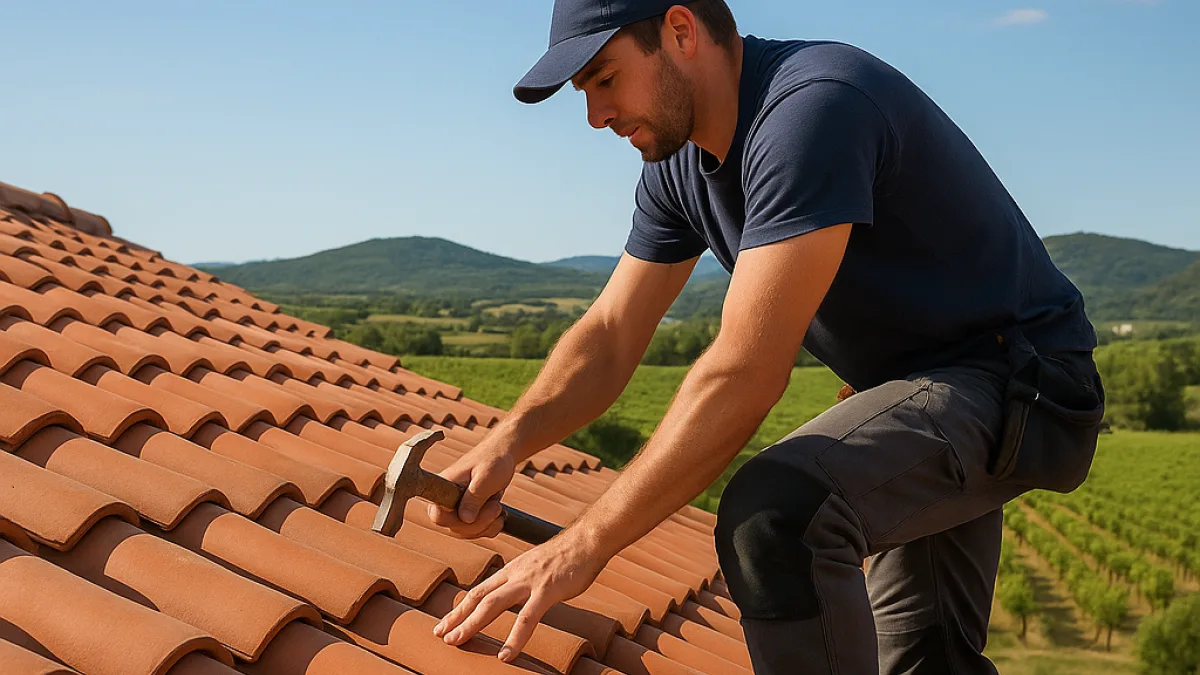 Couvreur professionnel travaillant sur une toiture dans l'Hérault, avec des paysages de vignes typiques de la région.